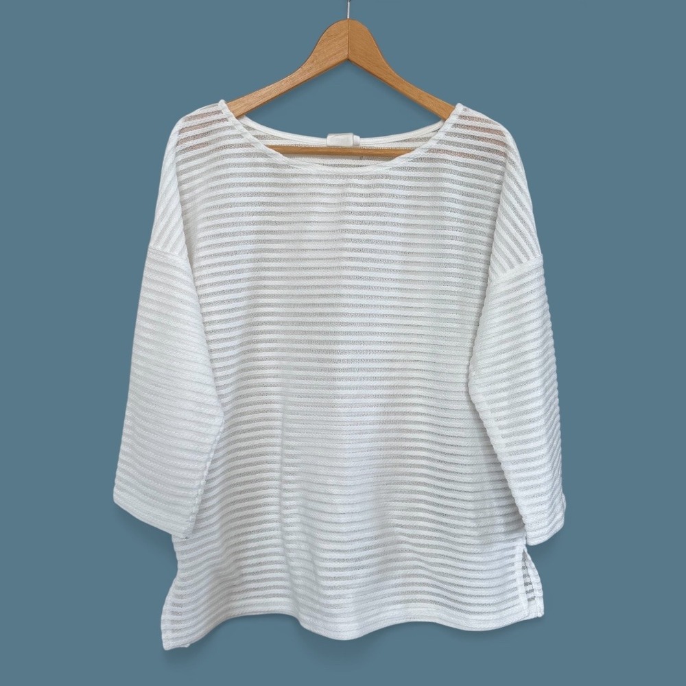 Simple-Suzanne Betro White XL Sheer Striped 3/4 Sleeve Scoop Neck Knit Blouse